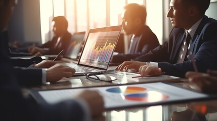 Financial analysts analyze business financial reports on a digital tablet planning investment project during a discussion at a meeting of corporate showing the results of successful, generative ai