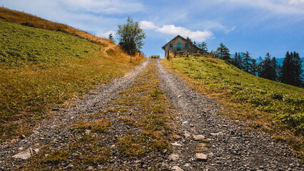 Gravel road leading uphill to a concrete cottage in between alpine pastures in the Swiss Alps near Leysin, canton of Vaud, Switzerland