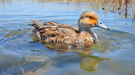 Fototapeta premium A black and brown duck floats on water's surface. (Generative AI)