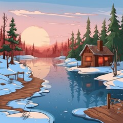 A frozen lake has a small cabin on its shore. (Generative AI)