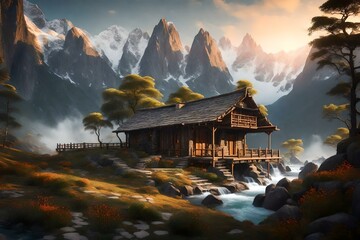 A beautiful Hut in Mountains, creative using generative AI tools