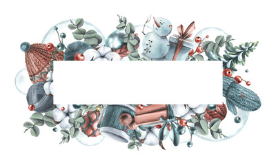 Winter, New Year, Christmas template rectangular frame with a snowman, knitted things, cotton, Christmas balls, toys, gifts. Watercolor illustration hand drawn on a white background