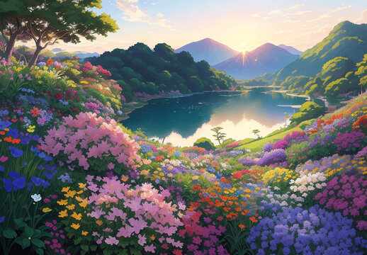 Flowers garden with lake in the mountains, ai generated 