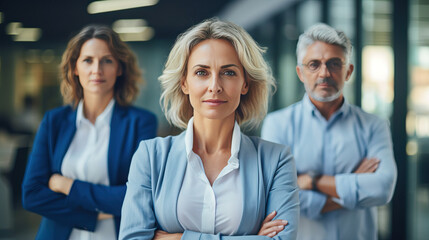 portrait of people. ฺbusiness woman and team. Angry , serious mood. modren office and tower view background. 