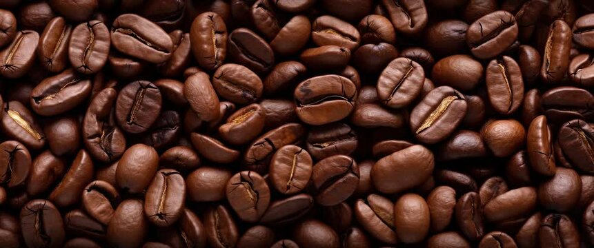 Anamorphic video roasted coffee bean. Fragrant coffee beans scrolls slowly around the camera. Slow Motion Close Up of Whole Roasted Coffee Beans. High angle view.