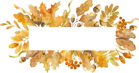 Autumn oak and maple leaves frame design watercolor drawing with copy space. Fall season foliage aquarelle painting