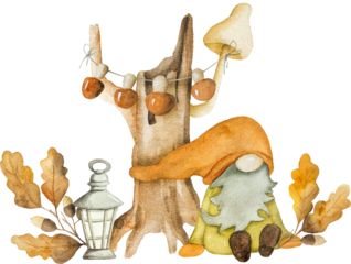 Cute autumn dwarf with mushrooms, arcons and leaves harvest watercolor painting. Fall season cartoon gnome with foliage aquarelle painting