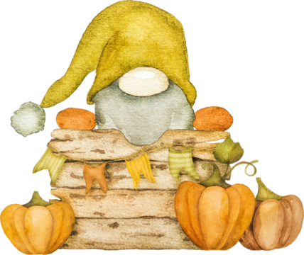 Cute autumn dwarf with mushrooms, arcons and leaves harvest watercolor painting. Fall season cartoon gnome with foliage aquarelle painting - Powered by Adobe