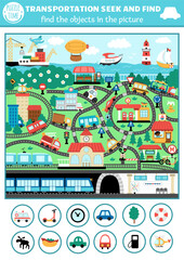 Vector transportation searching game with city landscape with roads, cars, metro. Spot hidden objects. Water, air, underground, land transport seek and find educational printable activity for kids.