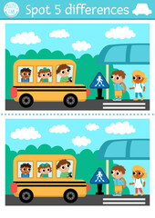 Find differences game for children. Transportation educational activity with cute school bus with driver, picking kids on bus stop. Cute puzzle for kids with transport. Printable worksheet or page.