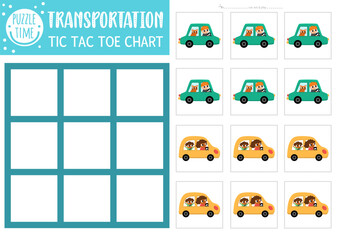 Vector transportation tic tac toe chart with girl and boy driving cars with passengers. Board game playing field. Funny transport printable worksheet. Noughts and crosses grid . - obrazy, fototapety, plakaty