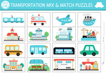 Vector transportation mix and match puzzle with cute car, ship, train, bus, plane, ambulance. Matching transport activity for kids. Educational printable city vehicles game with places they go.
