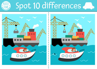 Find differences game for children. Transportation educational activity with speedboat with port and girl captain sailing in the sea. Cute puzzle for kids with water transport. Printable worksheet.