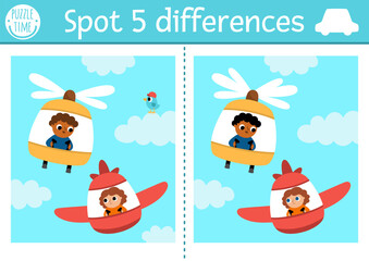 Find differences game for children. Transportation educational activity with plane and helicopter with pilots flying in the sky. Cute puzzle for kids with funny transport. Printable worksheet.