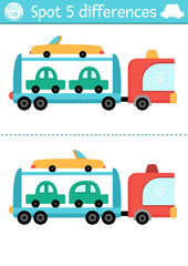 Fototapeta premium Find differences game for children. Transportation educational activity with cute car carrier. Cute puzzle for kids with funny tow truck. Printable worksheet or page for logic and attention skills.