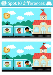 Obraz na płótnie Canvas Find differences game for children. Transportation educational activity with cute train with passengers and driver, railway station. Cute puzzle for kids with funny transport. Printable worksheet.