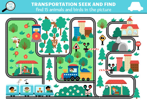 Vector transportation searching game with city landscape, rails, trains. Spot hidden animals and birds in the picture. Simple railroad transport seek and find educational printable activity for kids.