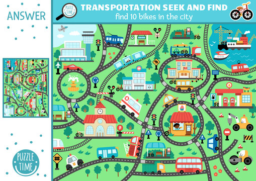 Vector transportation searching game with city landscape with roads, cars. Spot hidden bikes in the picture. Simple water, air, land transport seek and find educational printable activity for kids
