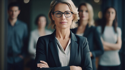 portrait of people. ฺbusiness woman and team. Angry , serious mood. modren office and tower view background.  - Powered by Adobe