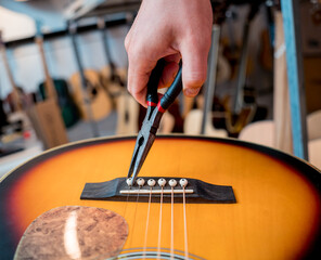 Young musician changing strings on a classical guitar in a guitar shop