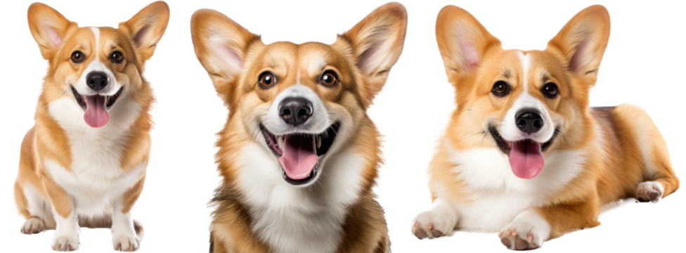 Collection of cute corgis (portrait, sitting, lying), dog bundle isolated on white background as transparent PNG