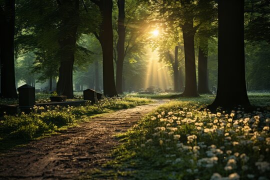 An evocative picture of a serene landscape within a cemetery, with soft sunlight filtering through the trees, signifying the concept of eternal rest. Generative AI