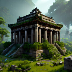 Obraz premium Secret temple lush rainforest oasis in greenery stairway to heaven artificial,Empty ancient temple in dense jungle,Generative AI