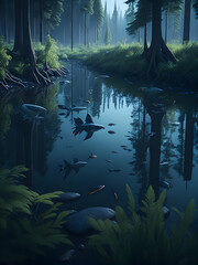 a river running in the forest surrounded by green trees, generative AI
