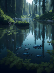 a river running in the forest surrounded by green trees, generative AI
