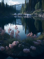 a river running in the forest surrounded by green trees, generative AI
