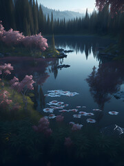 a river running in the forest surrounded by green trees, generative AI
