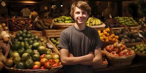 man working in a fruit and vegetable store, market, local, organic