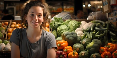 young woman working in a fruit and vegetable store, market, local, organic