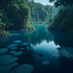 a river running in the forest surrounded by green trees, generative AI
