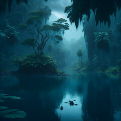 a river running in the forest surrounded by green trees, generative AI
