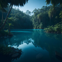 a river running in the forest surrounded by green trees, generative AI
