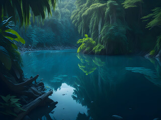 a river running in the forest surrounded by green trees, generative AI
