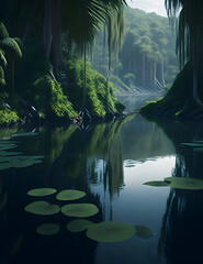 a river running in the forest surrounded by green trees, generative AI
