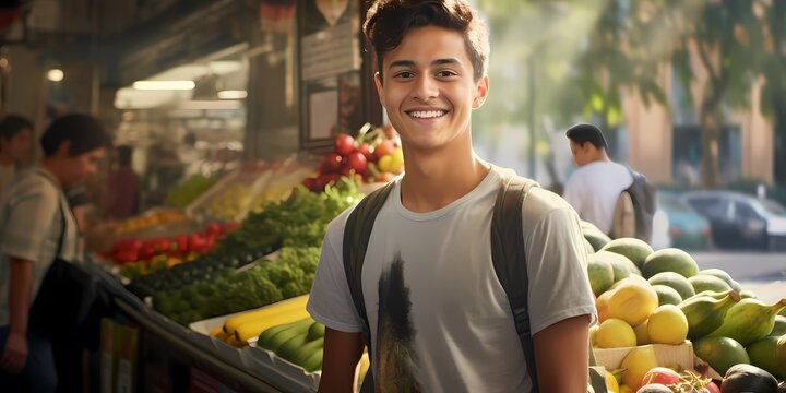 young man in a fruit and vegetable store, market, local, organic