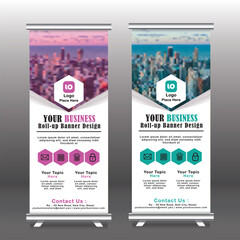Roll up banner vertical template design, for brochure, business, flyer, modern x-banner and flag-banner advertising. Template vertical roll up banner with blue and purple color, vector illustration