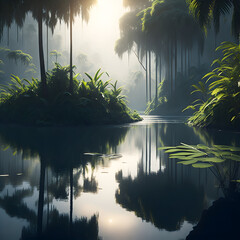 a river running in the forest surrounded by green trees, generative AI
