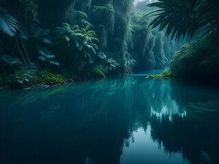 a river running in the forest surrounded by green trees, generative AI
