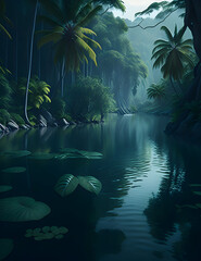 a river running in the forest surrounded by green trees, generative AI
