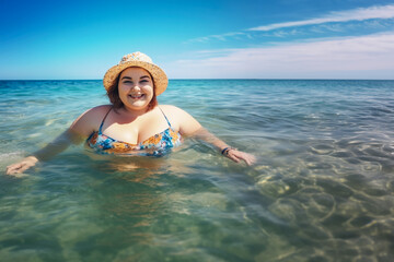 Fototapeta na wymiar Plus sized woman enjoying vacation, swimwear and hat, standing in sea, only upper body above water. Body positivity concept. Generative AI