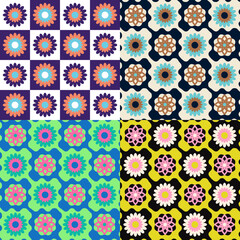 Retro floral square background granny style. Crocket knitted plaid seamless pattern patchwork flowers.