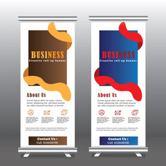 Business Roll Up. Standee Design. Banner Template. Presentation and Brochure Flyer. vertical pull up banner with yellow red, blue and brown color, Vector illustration