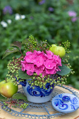 Obraz na płótnie Canvas florales Arrangement mit pink Hortensien-Blüten, Holunder-Beeren und Äpfeln
