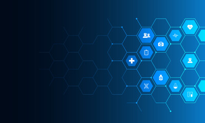 Fototapeta premium Vector illustration of healthcare and technology concept with flat icons and symbols. Template design for health care business, innovation medicine, pharmaceutical industry, science, medical research