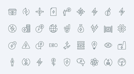 Electric energy, money and efficiency thin line icons set vector illustration. Outline lightning symbols and dynamic performance grow of electricity price, pictograms of electrified power industry