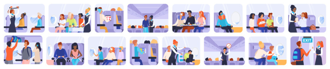 Passengers travel by plane set vector illustration. Cartoon isolated inside airplane flight scenes with people on seats in aeroplane cabin, service and airline instructions by stewardess and crew © lembergvector